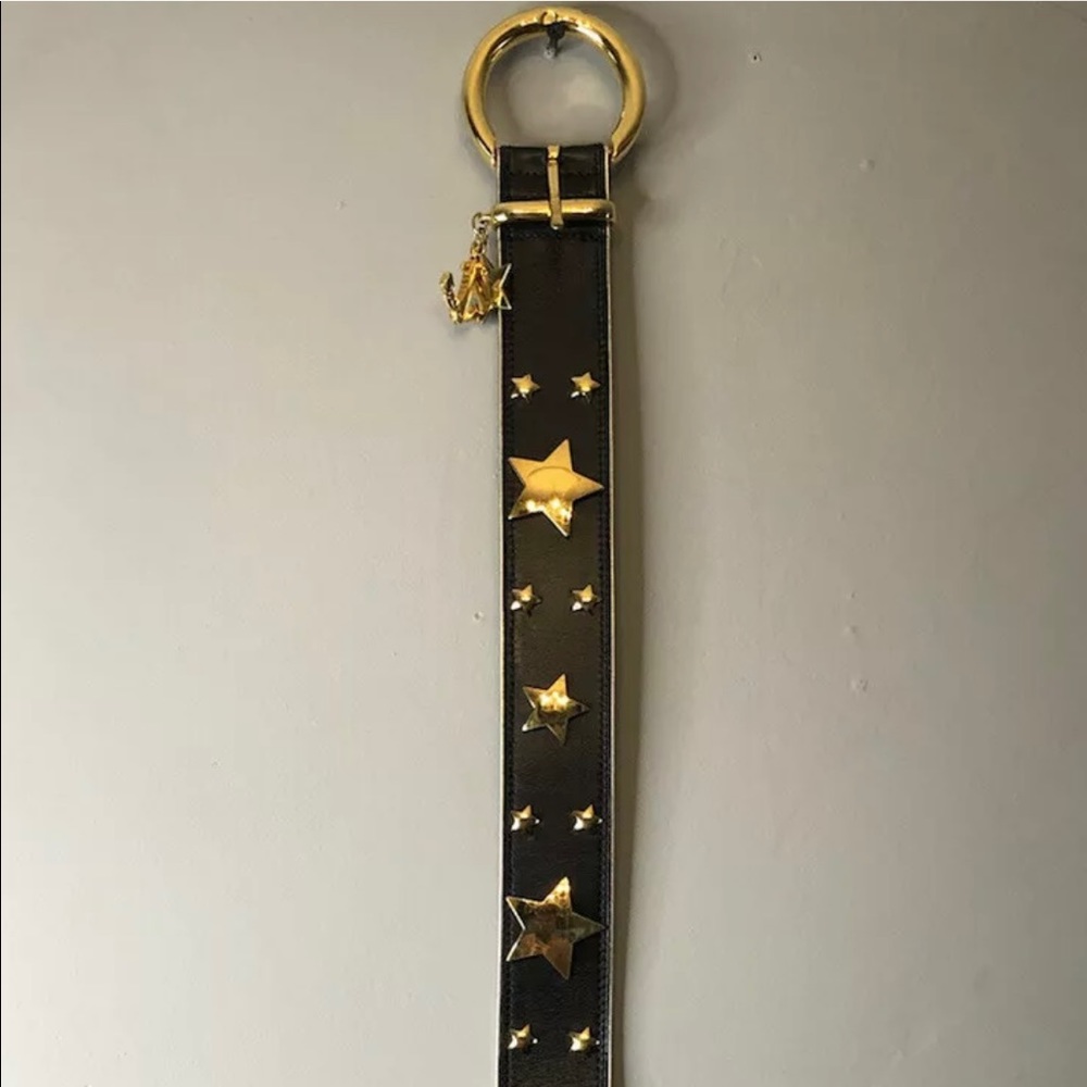 Escada Belt Black Leather Gold Stars Size 36 EU with Charms